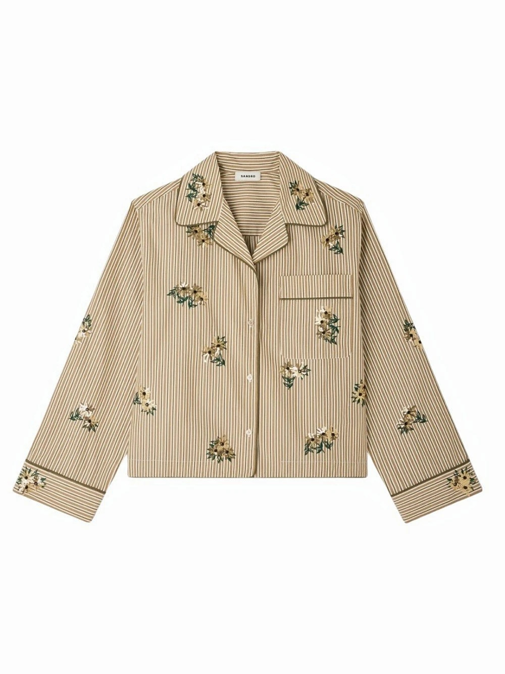 NWT SANDRO STRIPED SHIRT SEQUIN EMBROIDERY 4 white olive brown - Picture 2 of 8